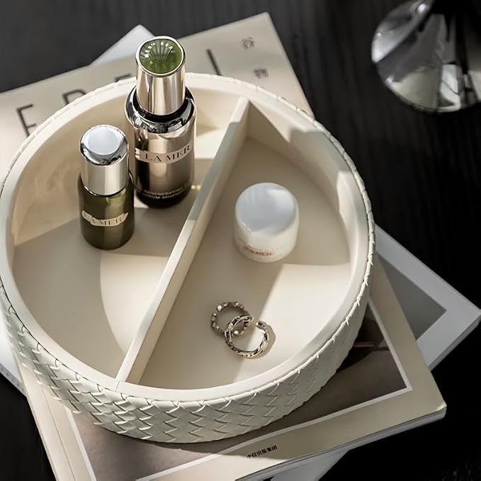 Round Faux Leather Vanity Tray Organizer for Dresser Perfume | Elegant woven leather tray for perfume, sunglasses & keys. A stylish 2-compartment organizer for your console table.