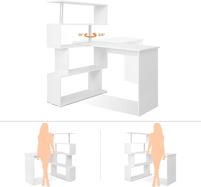 Mondeer 41.7" L Shaped Desk with 4-Tier Storage Shelves, Computer Corner Desk for Study Home Office Living Room (White)