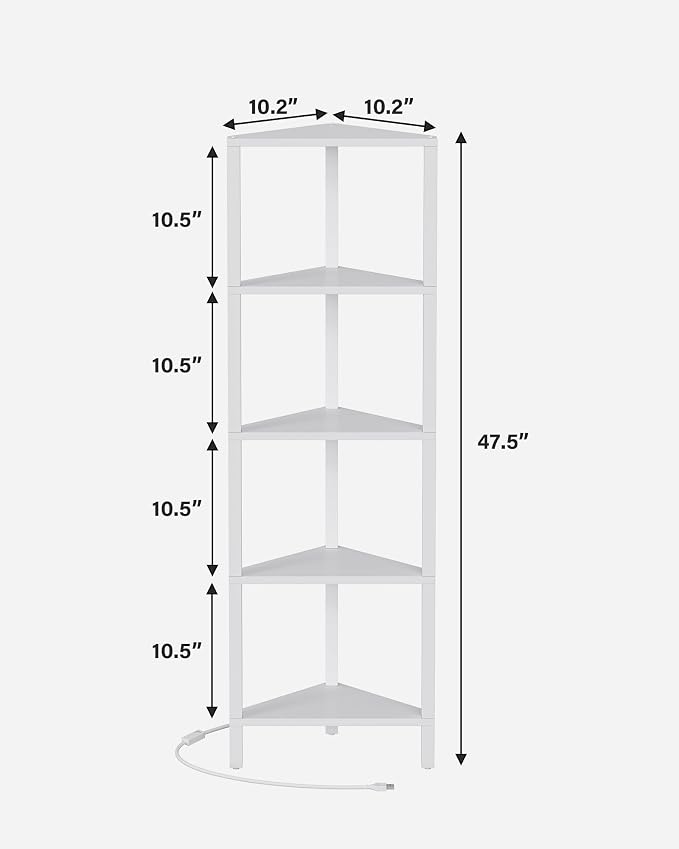 TUTOTAK Corner Shelf with LED Light, 5-Tier Corner Bookshelf for Small Space, Narrow Display Corner Shelf Stand with Storage Rack, for Living Room, Bedroom, White BS05BW005L
