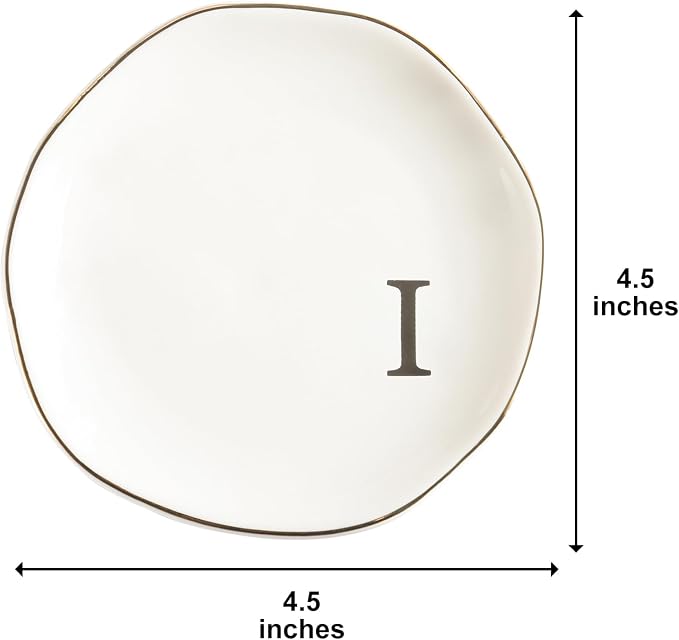 Ceramic Jewelry Tray Ring Dish Personalized I-Monogrammed Engagement Wedding Gifts, for Birthday Mother's Day for Women, Ceramic White 4.75" (I)