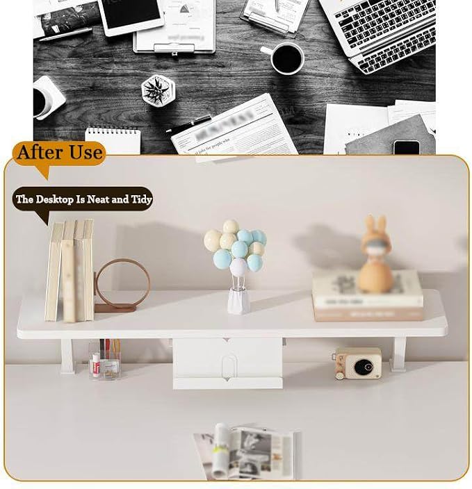 23.6x7.8 in Clamp on Desk Shelf, Adjustable Floating Desks Shelf with Reading Stand Space Saving Desktop Extender Storage Organizer for Office, Dorm, Home Desk Organization, White