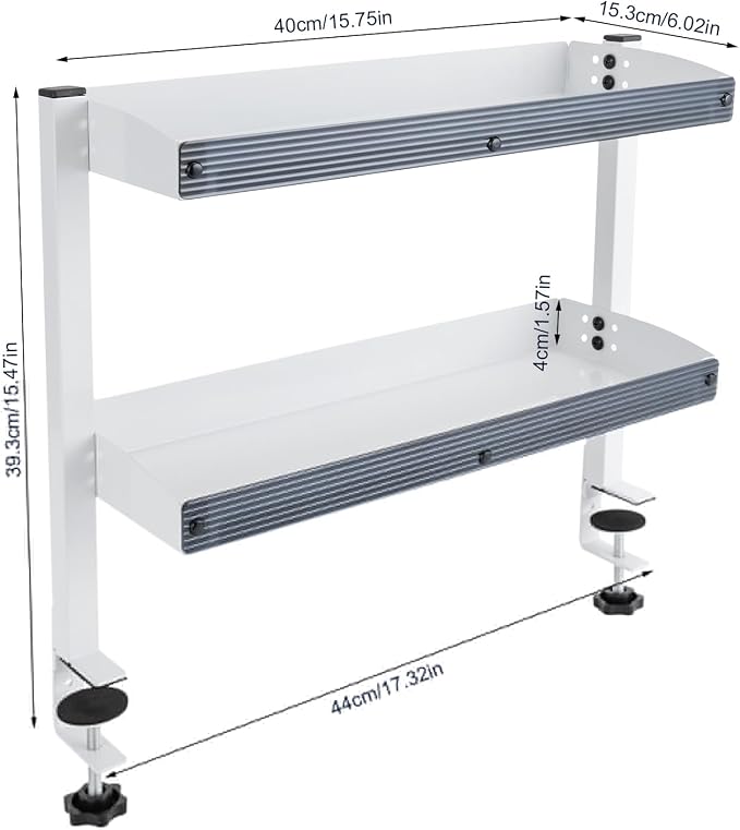 Clamp-on Desk Shelf, Plastic Panel Clip-on Desk Shelf, 2-Tier Shelving with Adjustable Storage Tray, for Offices, Bedrooms, Living Rooms, Etc (White)