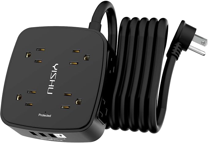 10 Ft Surge Protector Power Strip - 8 Widely Outlets with 4 USB Ports, 3 Side Outlet Extender with 10 Feet Extension Cord, Flat Plug, Wall Mount, Desk USB Charging Station, ETL, Black