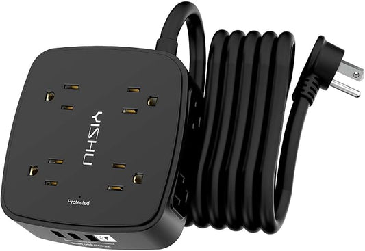 10 Ft Surge Protector Power Strip - 8 Widely Outlets with 4 USB Ports, 3 Side Outlet Extender with 10 Feet Extension Cord, Flat Plug, Wall Mount, Desk USB Charging Station, ETL, Black