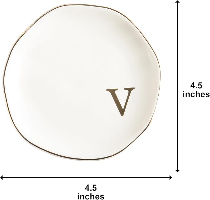 Ceramic Jewelry Tray Ring Dish Personalized V-Monogrammed Engagement Wedding Gifts, for Birthday Mother's Day for Women, Ceramic White 4.75" (V)