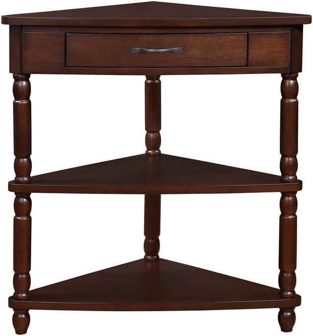 3-Tier Corner Display Rack Small Corner Table Wood Triangle Side Table with Drawer & 2 Open Shelves Multipurpose Shelving Unit for Living Room Bedroom (Light Espresso)