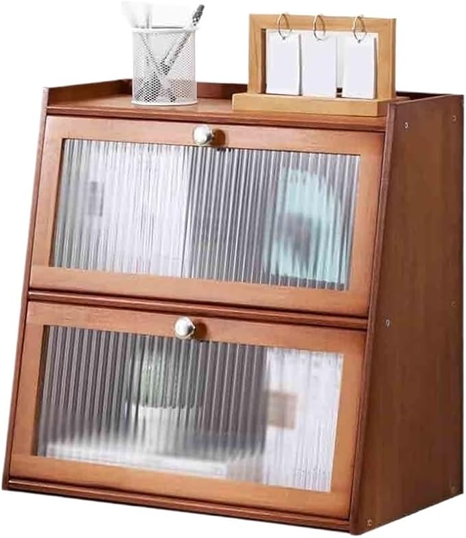 Bookcase Trapezoidal Desktop Bookshelf, with Plastic Flap Door Desk Tidy Organiser, Freestanding Home and Office Supplies Storage Display Shelf(L50xW28xH50 cm)
