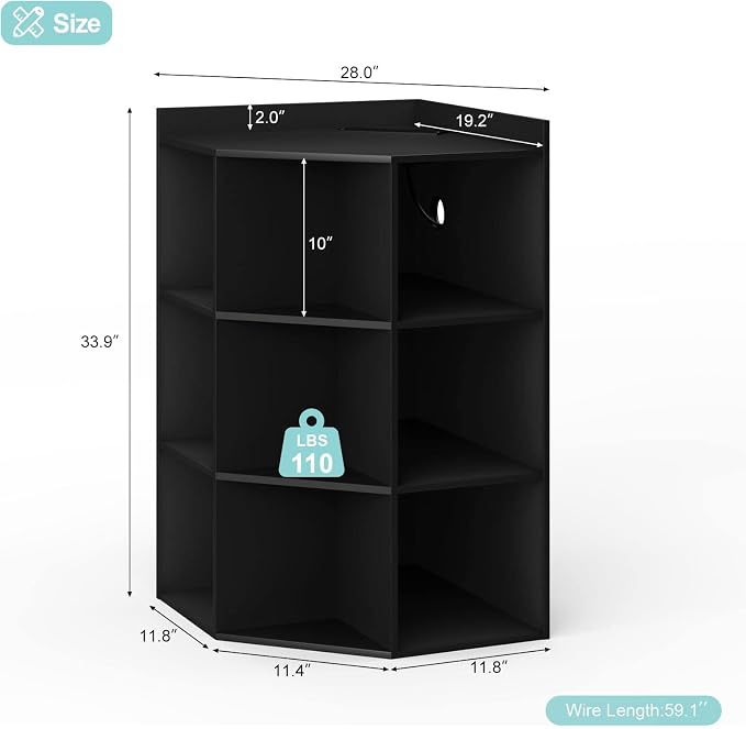 HedoAjim Corner Cabinet, Corner Storage Shelf with USB Ports and Outlets Industrial Organizer for Small Space Wooden 9-Cubby Bookshelf for Study, Playroom, Living Room (Black)