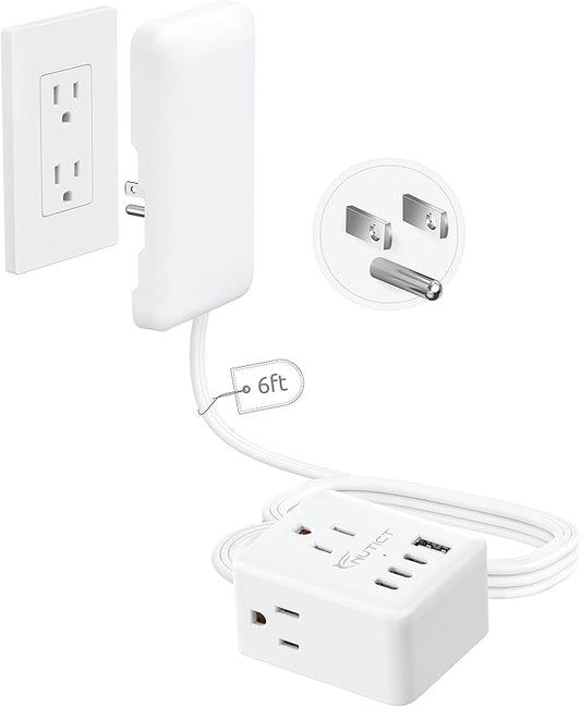 NUTICT 6FT Flat Extension Cord with Outlet Cover, Flat Plug Power Strip with 3 Outlets & 3 USB-C & 1 USB-A Port, Wall Mountable, Small Outlet Extender Hidden Behind Couch, Nightstand, Bed, White