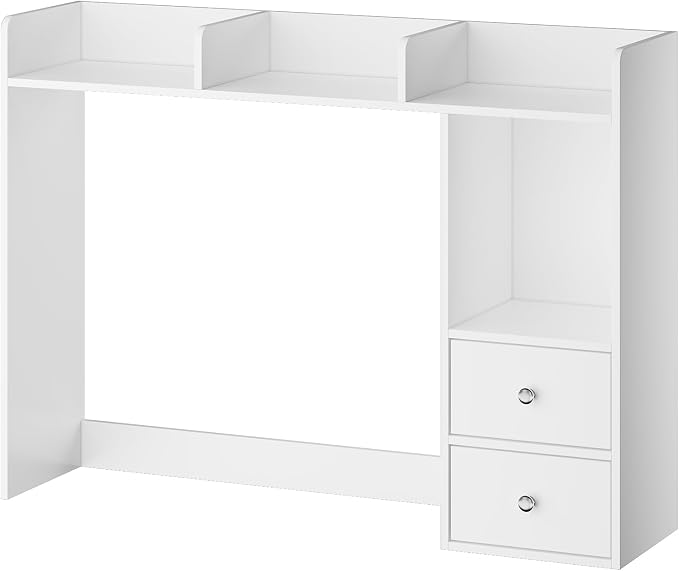 ChooChoo Desktop Bookshelf with LED Lights, 36.6" Dorm Desk Hutch with 4 Shelves and 2 Drawers, Fits 27" Monitor, Desk Organizer Shelf for Dorm Office Home, White