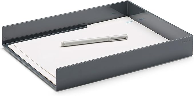Poppin Stackable Letter Tray - Modular Lacquer Desk Trays for Office Organization, Color-Coordinated Office Supplies for Desk, Paper Trays (Dark Gray, Letter)