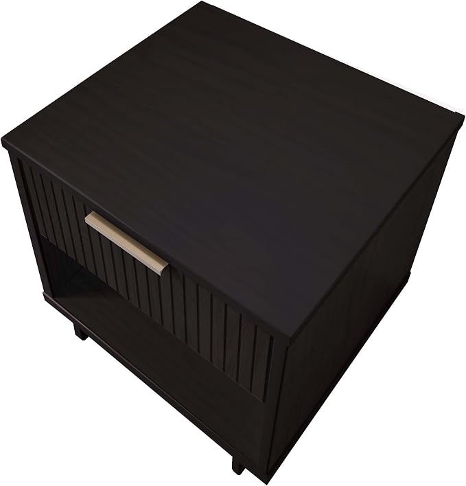 Manhattan Comfort Granville 1-Drawer Nightstand Set of 2, Modern Glam Bedside Table with Ribbed Design and Gold Handles, Ideal for Living Room and Bedroom Use, Black