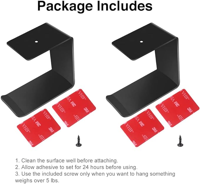 Aluminum Under-Desk Headphone Hook 2 Pack, with Strong Adhesive VHB Tape, Holds 5 lbs (Black)