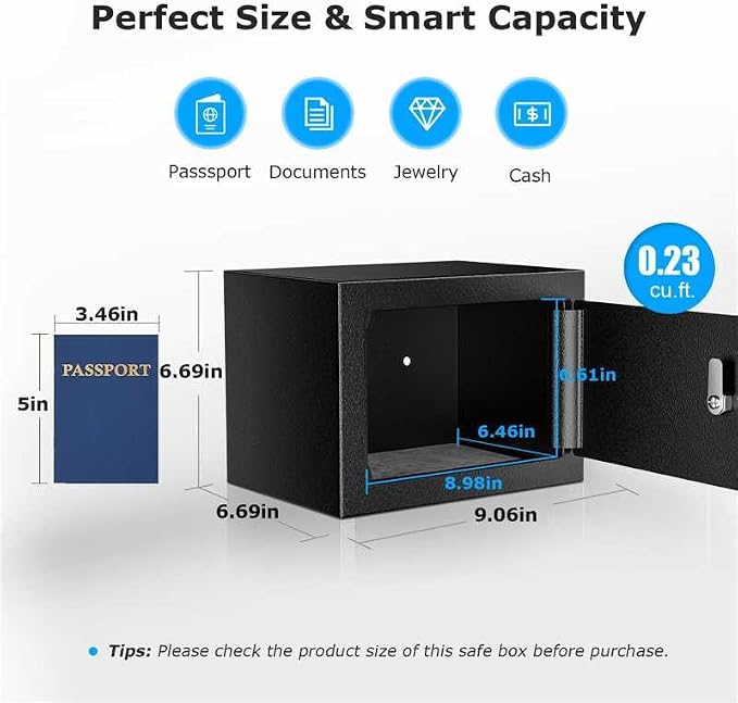 Bonsaii Safe Box with Key Lock, Steel Security Lock Box, 0.23 Cubic Feet, 9.06" W x 6.69" D x 6.69" H, Small Hidden Safe for Cash Jewelry