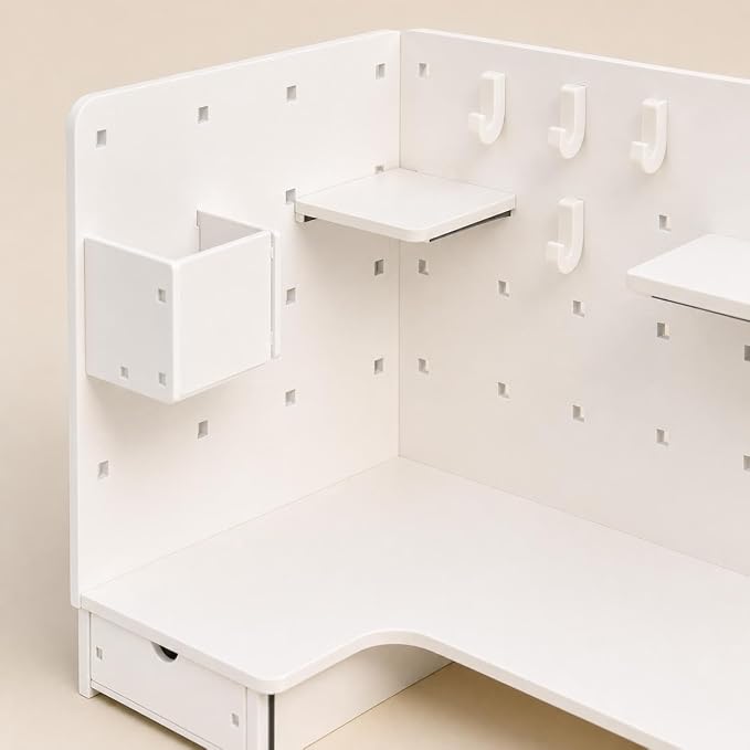 Corner Organizer Pegboard Organizer, White Desktop Storage Shelf, Small Desk Shelf for Home Office, Vertical Desk Storage, Corner Pegboard Shelf - Upgrad (#0142)