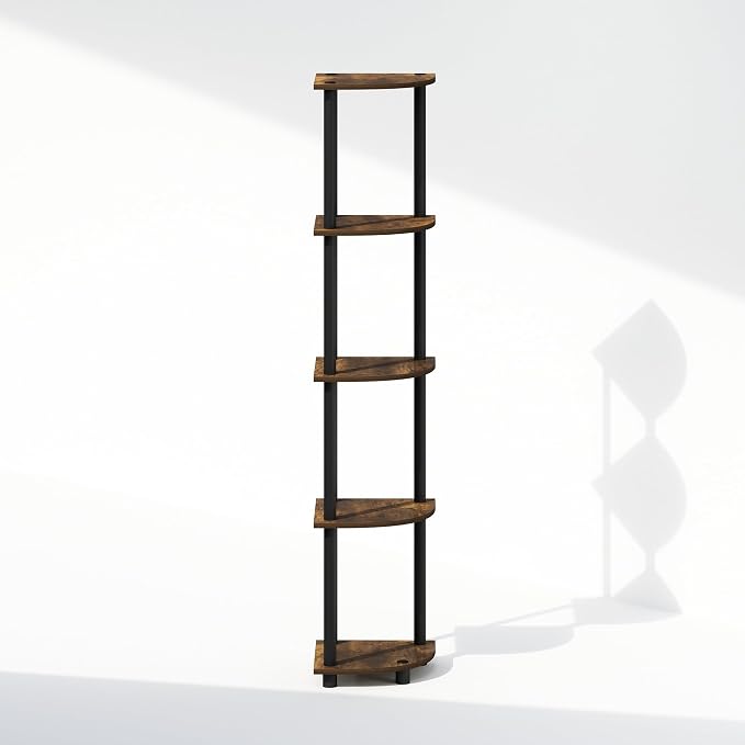 Furinno Turn-N-Tube Storage Shelves, 5-Tier Book Shelf, Corner Shelf, Toolless Open Shelves, for Organization and Storage, Living Room, Home Office, Hallway, Bedroom, Amber Pine
