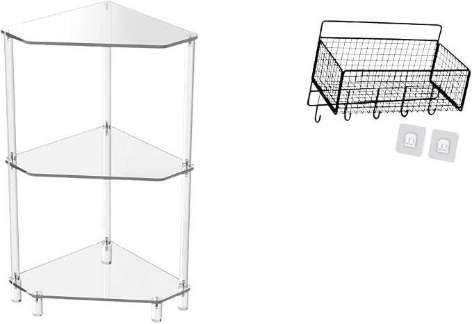 Acrylic Corner Side Table Includes Three Tier End Table Hanging Wall Organizer Cabinet Storage Basket Shelves Clear Acrylic and Metal Wir
