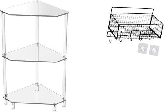 Acrylic Corner Side Table Includes Three Tier End Table Hanging Wall Organizer Cabinet Storage Basket Shelves Clear Acrylic and Metal Wir