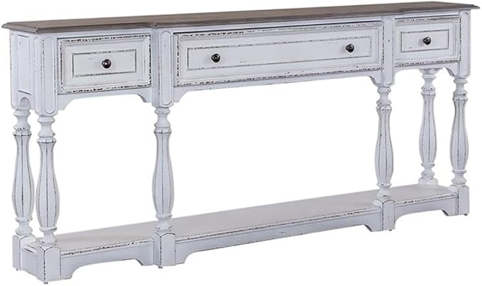 BOWERY HILL 72-Inch Console Table, Poplar Solids with White Oak and Birch Veneers, Antique White Finish, Weathered Brown Whitewash Top, 3 Drawers, Bottom Shelf, Traditional Hall Table for Storage