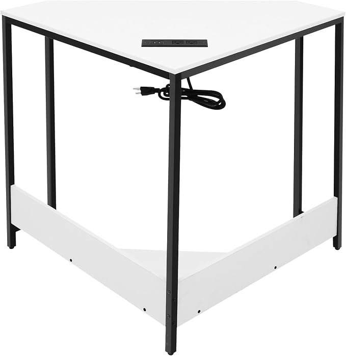 Corner Small Desk with Outlets, Triangle Desk with Storage, for Small Space Home Office, Workstation, Living Room, Bedroom (White)