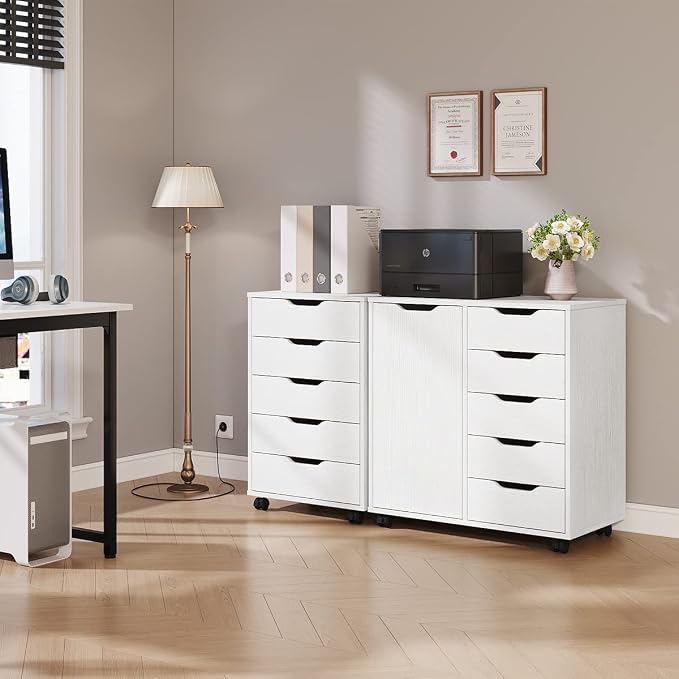 Panana 5/7 Drawer Mobile File Cabinet, Wooden Under Desk Storage with Wheels Office Organization Vertical Filing Chest of Drawers for Home Office (White, 5 Drawer)