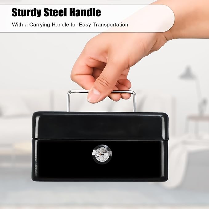 KYODOLED Cash Box with Key,Small Safe Lock Box with Portable Handle,Cash Drawer,5.91"x 4.72"x 3.15" Black Small