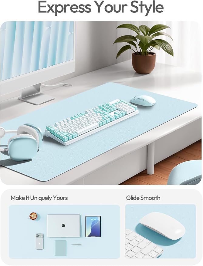YSAGi Leather Desk Protector, Office Mat, Large Mouse Mat, Non-Slip PU Leather Blotter, Laptop Desk Mat, Waterproof Writing Pad for Office and Home(Baby Blue, 63" x 24")