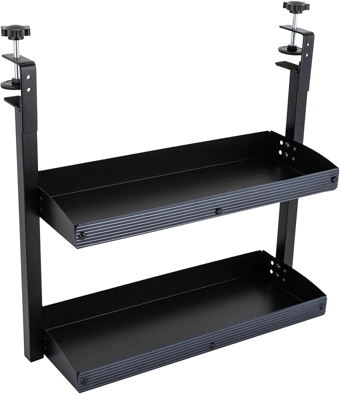 16 inch Clamp on Desk Shelf, 2 Tier Shelving Unit Above or Below Desk, Desk Extension Organizer, Modern Desktop Display Shelf for Desktop Accessories, Office Organization