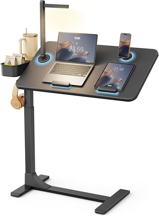 SAIJI Magnetic Overbed Bedside Table with Wheels, Height and 360° Angle Adjustable Over Bed Desk with Led Light, Portable Lengthened Rolling Laptop Standing Desk Mobile Bed Tables Hospital Home Use