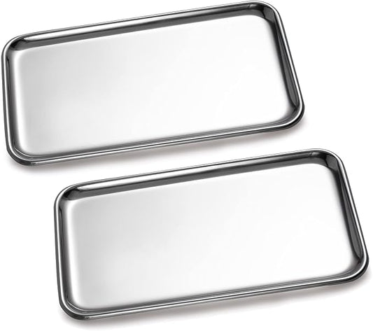 IMEEA 2 Pack Small Stainless Steel Organizer Tray 8" x 4.6" Vanity Tray for Bathroom Kitchen Countertop Multi-Purpose Catch-All for Soap, Jewelry, Perfume, Keys, Accessories