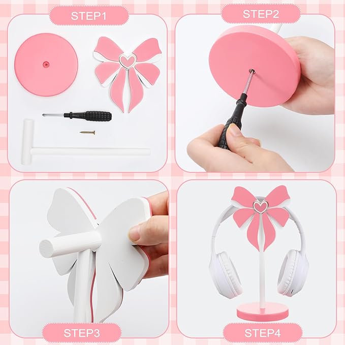 Kingdder Pink Bow Headphone Stand Cute Wood Headphone Stand Adorable Headset Holder Accessories Gamer Gifts for Teenage Women Teacher Girlfriend Office Worker Wife Gamer Room Decor Office Desk