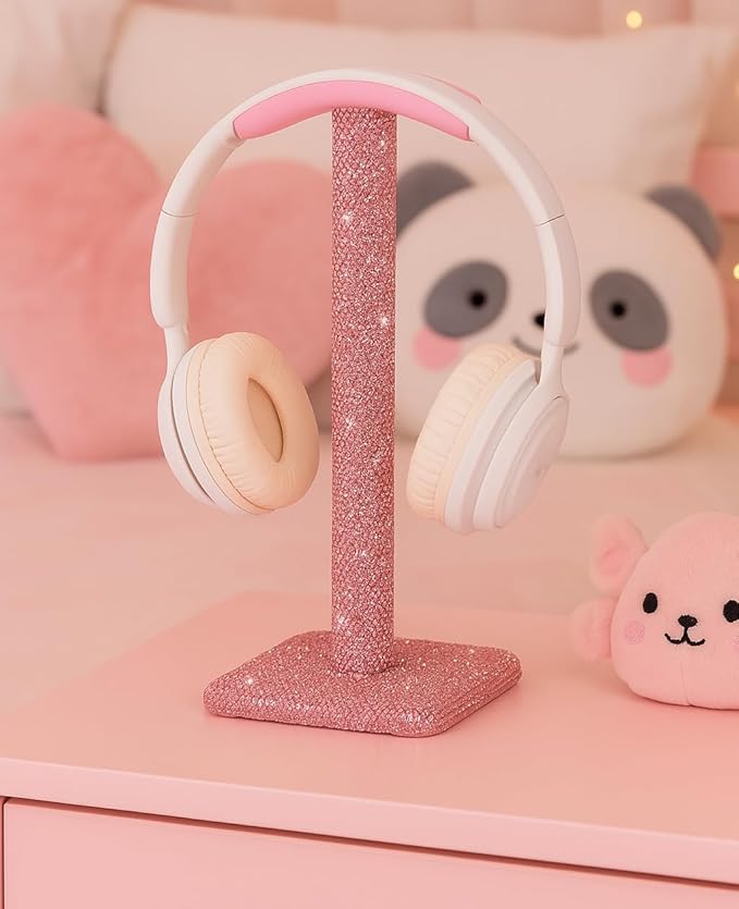 Cute Pink Headphone Stand for Desk - Rhinestone Bling Headset Holder with Soft Headrest, Sparkle Kawaii Desk Accessories for Gamer Girls & Women, Aesthetic Gift for Teen Girl Birthday (Crystal)