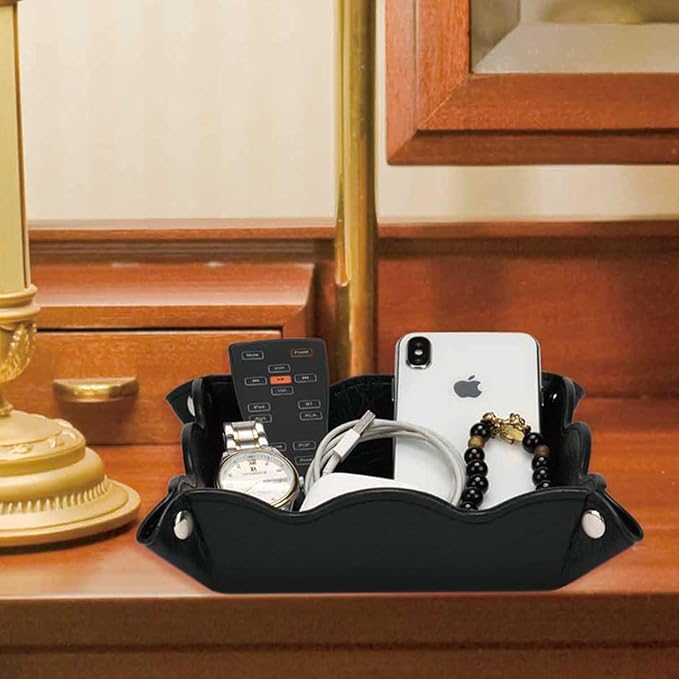 Valet Tray for Men Women 2 Pack - PU Leather Travel Catchall Tray Organizer - Desk Bedside Nightstand Storage Box for Jewelry Key Phone Remote Controller Wallet Readerss -Red and Black