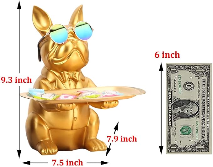 QIANLING Modern Decor Resin Gold Bulldog Tray Statue Tray Storage Key Holder Candy Jewelry Earrings Tray Suitable for Home Decor Modern Art Dining Table Decor Office Small Object Tray (Golden Yellow)