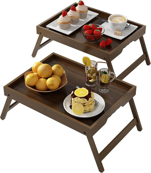 Artmalle Bed Tray Table Folding Legs with Handles Groove Breakfast Food Tray for Sofa, Bed, Eating, Drawing, Platters Serving Lap Desk Snack Trays (Brown Medium) 2 Pack