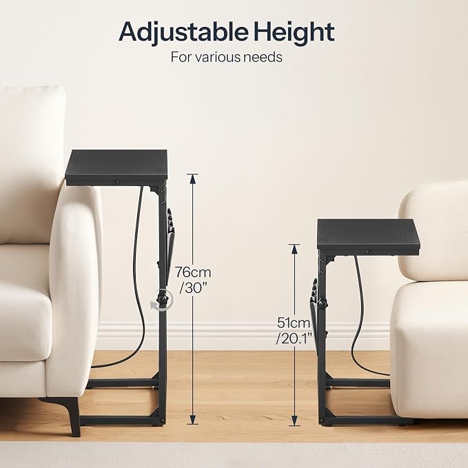HOOBRO C Shaped End Table with Charging Station, 30” Adjustable Height Sofa Side Table with Storage Pocket, Slide Under Couch Table for Sofa Arm Tray, for Living Room, Bedroom, Black BB77USF01