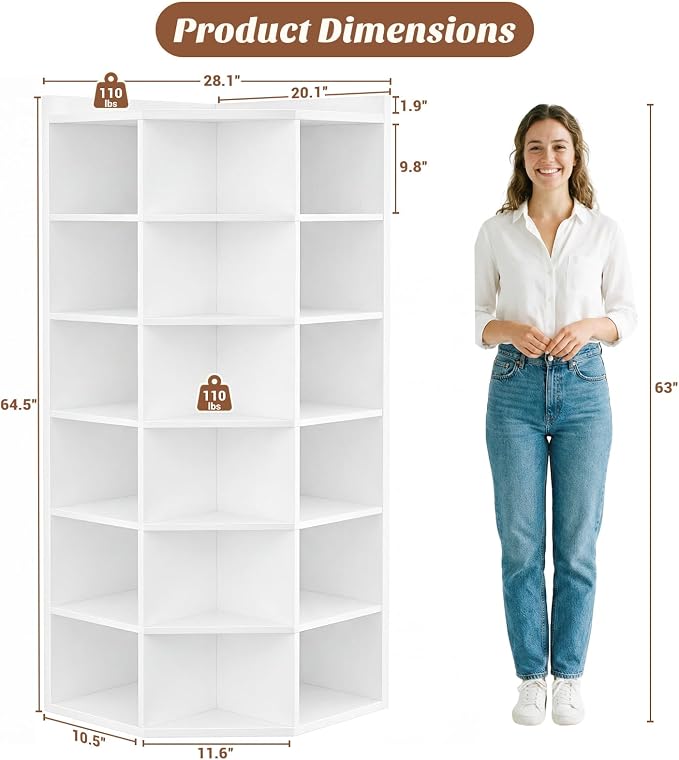 Aheaplus 7-Tier Wooden Corner Cube Bookshelf, Corner Storage Cabinet with 18 Cubes, Corner Cube Organizer Display Shelf with Top Table, Modern L Shaped Cubby Bookcase for Home Office, White