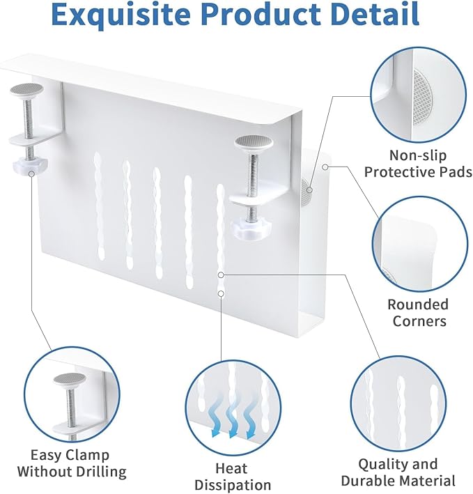 Desk Side Storage Organizer, Under Desk Laptop Holder with Magnetic Pen Holder, No Drill Hanging Desks Caddy for Office & Home, Clamp On Desk Shelf for Tablet, Files, Accessories (White)