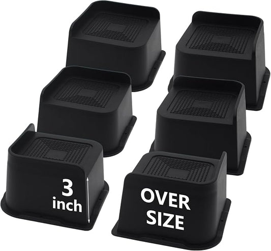 6 Pack Bed Risers 3 inch Heavy Duty, Oversized Furniture Risers, Black Bed Lifts Risers for Table, Sofa, Chair, Couch, Desk, Bed Frame Risers Supports Up to 6,500 Lbs
