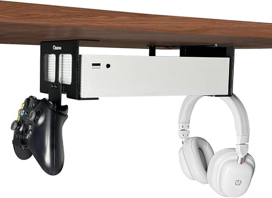 Aluminum Under Desk Mount Compatible with Xbox Series S, Xbox One S/X, Xbox 360, Securing Under Desk Bracket with Detachable Controller & Headphone Holder Kit No Drill (Black)