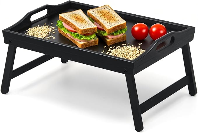Bamboo Breakfast Tray Table with Folding Legs for Bed Table Sofa - Eating & Laptop Tray Bamboo with Folding Legs (Black)