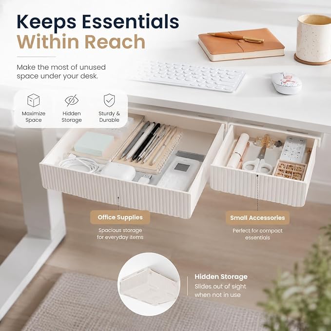 YOOUSOO Under Desk Drawer Organizer, 2 Pack Self Adhesive Slide Out Desk Storage Drawers, Hidden Desk Drawer Attachment for Pens, Notes, Earbuds, Cables and Small Office Accessories, White