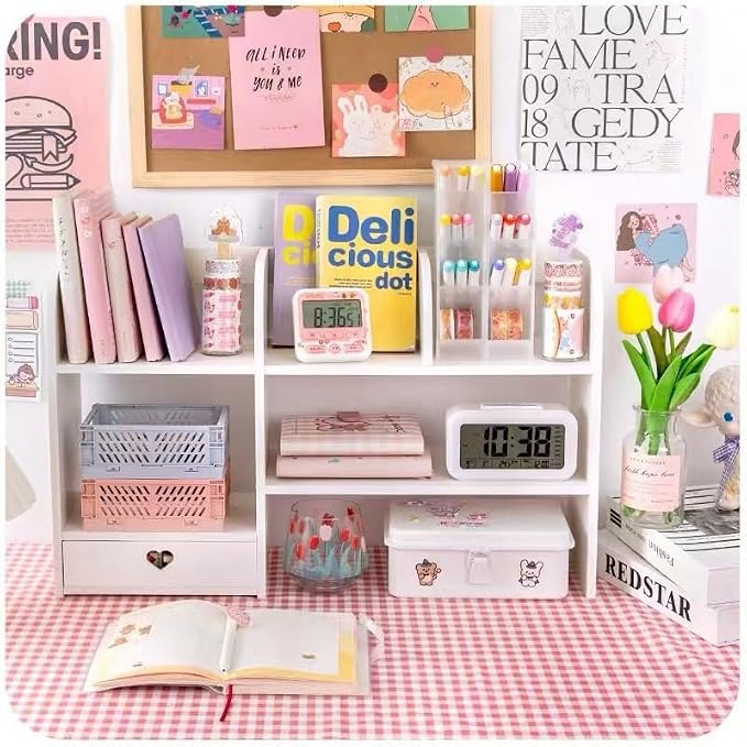 White Heart Drawer Bookshelf, Desktop Organizer with Shelves and Heart-Shaped Drawer for Desk, Office, Dorm