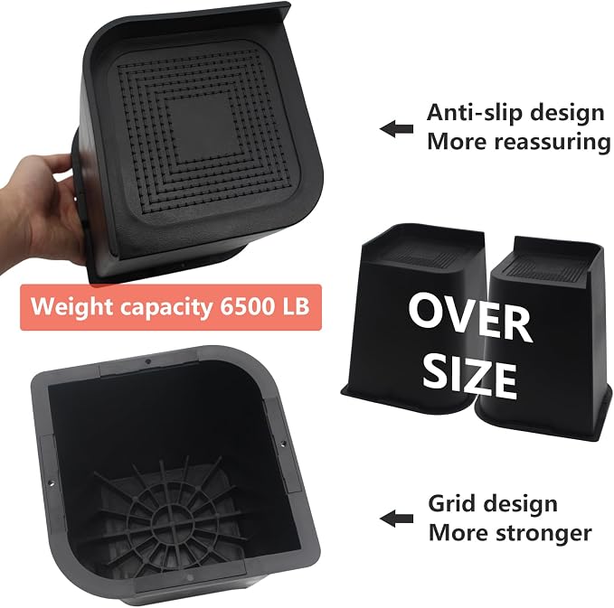 Bed Risers 8 inch Heavy Duty, 4 Pack Oversized Furniture Risers, Black Bed Lifts Risers for Table, Sofa, Chair, Couch, Desk, Bed Frame Risers Supports Up to 6,500 Lbs