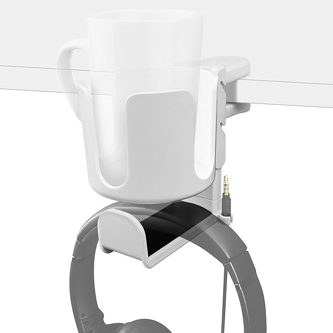 Geekria 2 in 1 Headphone Hanger&Desk Cup Holder, Under Desk Clamp Rotatable Headset Compatible with Sennheiser, Bose, Beats, Razer, HyperX, Sony, Suitable for Coffee Mugs, Water Cups (White)