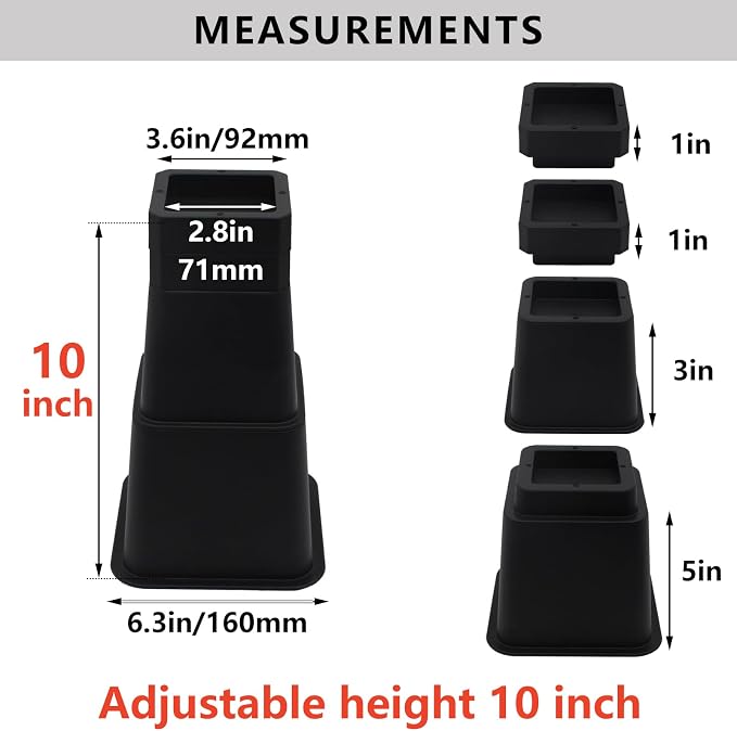Bed Risers 10 inch Heavy Duty (Set of 4), Furniture Risers | Adjustable Height, Thickened Plastic, Oversized, Suitable for Various Types of Furniture, Available in a Variety of Heights