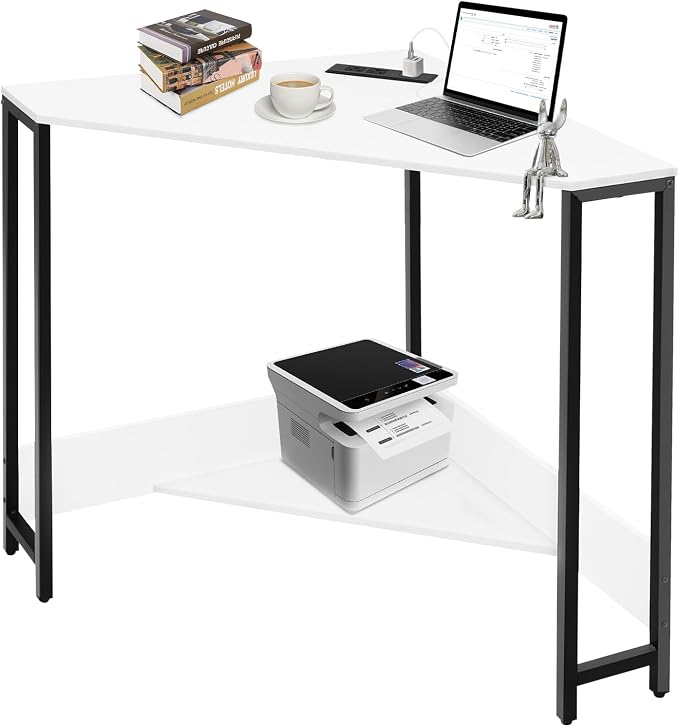 Corner Small Desk with Outlets, Triangle Desk with Storage, for Small Space Home Office, Workstation, Living Room, Bedroom (White)