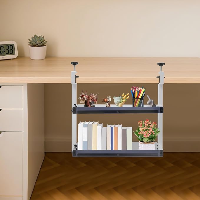 Clamp-on Desk Shelf, Plastic Panel Clip-on Desk Shelf, 2-Tier Shelving with Adjustable Storage Tray, for Offices, Bedrooms, Living Rooms, Etc (White)