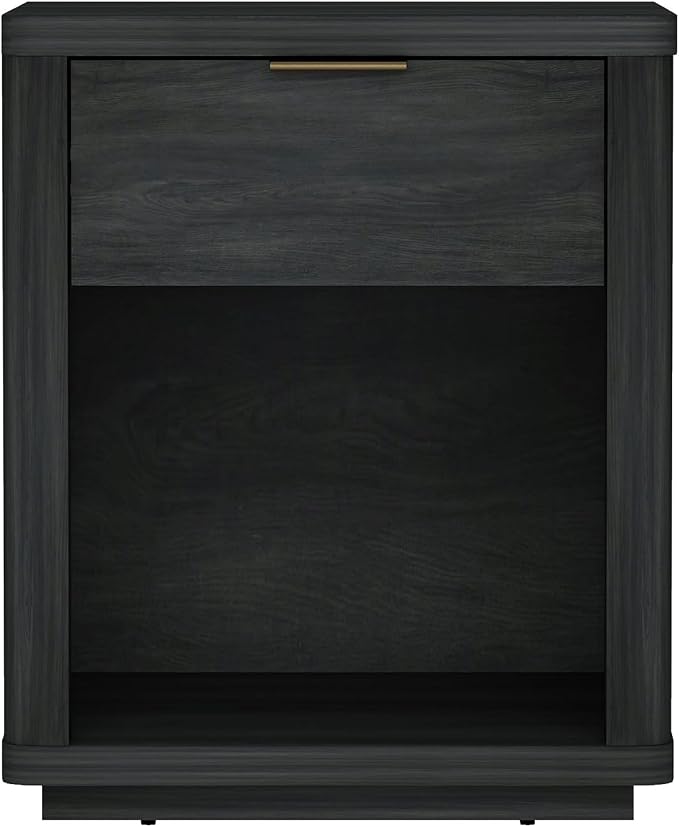 Manhattan Comfort Evelyn Nightstand with Drawer and Open Shelf, Modern Minimalist Side End Table with Raised Base and Storage, Easy Assembly for Bedroom, Dorms & Living Room in Charcoal Grey