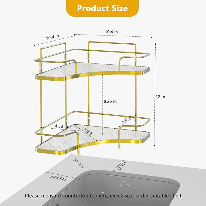FOLLOWIN 2 Tier Bathroom Corner Countertop Organizer,Make Up Organizers and Storage,Corner Counter Shelf,Skincare Makeup Cosmetic Vanity Lotion Perfume Organizers Holder,Shine Gold